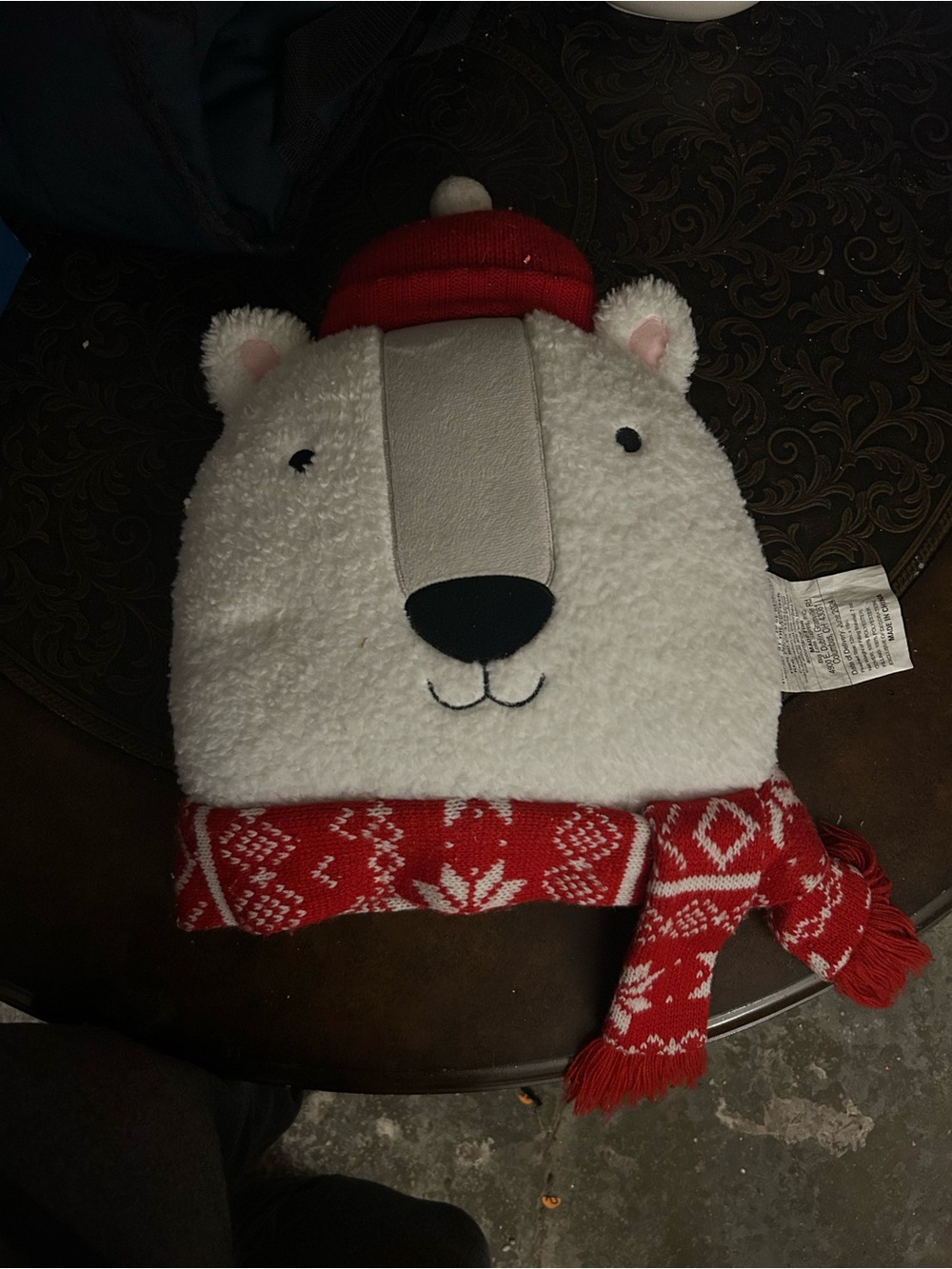 Plush Polar Bear Pillow with Red Knit Hat and Scarf